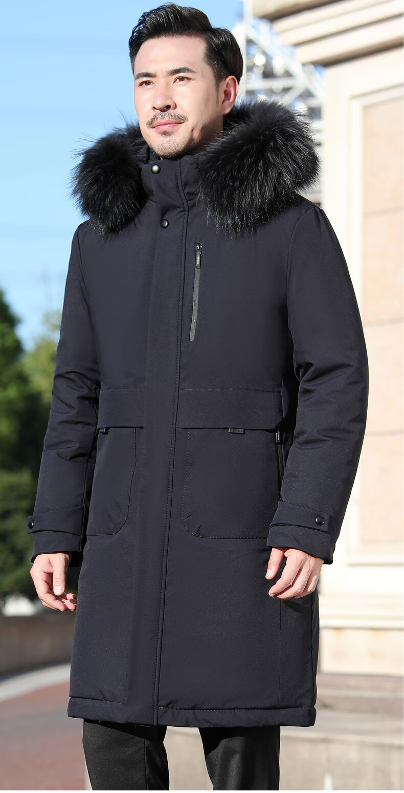 恒源祥品牌男装中年服男长款过膝白鸭绒派克服可脱卸内胆爸爸冬装外套