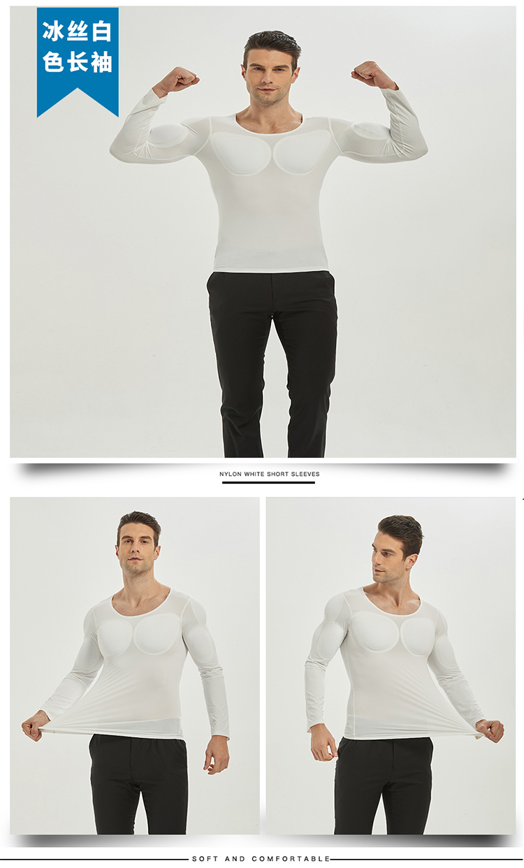 新款无痕假肌肉衣服男士假胸肌假腹肌t恤隐形仿修身增肥短袖cos 黑色