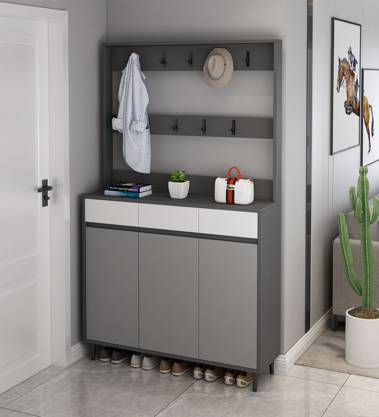 带挂衣板鞋柜意式轻奢鞋柜家用门口门厅柜大容量带挂衣架灰色多功能