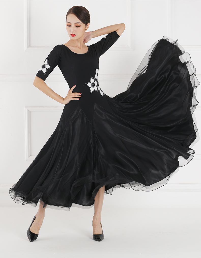 舞裙新国标舞连衣裙练功服长裙演出华尔兹交谊舞服装大摆裙女黑白色s