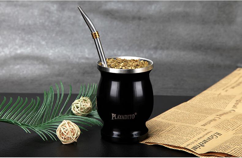 茶杯 304不锈钢内胆防烫隔热敞口茶具男女士茶杯子 加过滤马黛茶吸管