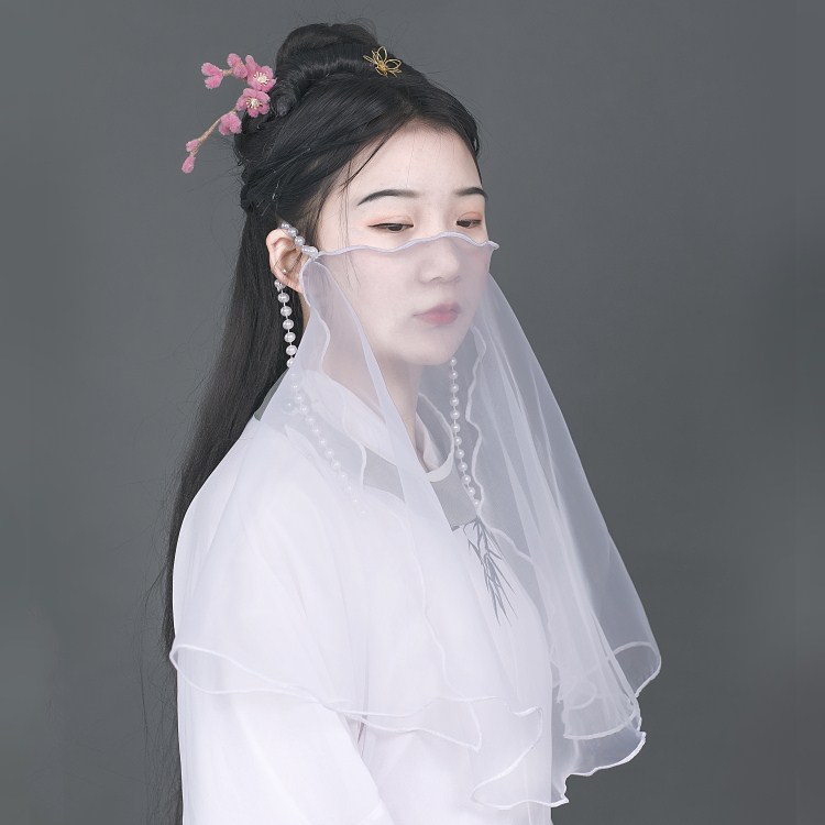 汉服面纱遮脸古风防晒汉服面配饰面具淡雅纯色面纱撇头饰浅黄色偏浅