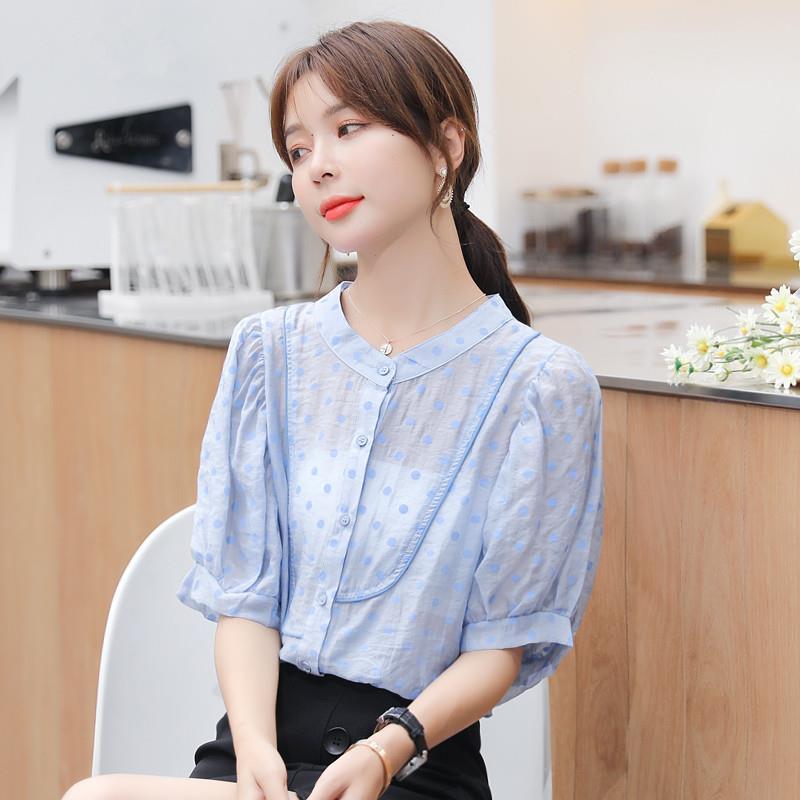 思湄雪纺上衣打底衫女装 夏季短袖2021新款气质波点雪纺衬衫欧洲站