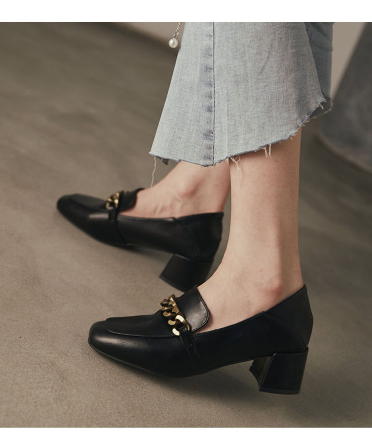 两穿单鞋女2021年春季新款粗跟百搭方头高跟真皮软皮小皮鞋 杏色