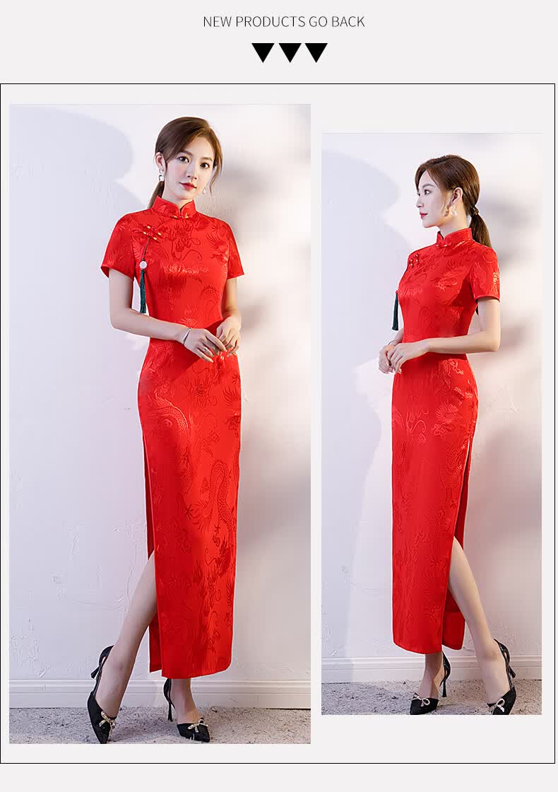 礼仪小姐服装礼仪接待旗袍迎宾女颁奖服长款长袖大红色外嫁女回娘家