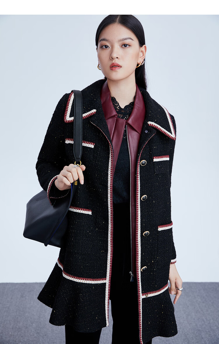 恩裳冬季新款时尚亮丝鱼尾摆外套式中长款小香风连衣裙 黑色 38/m