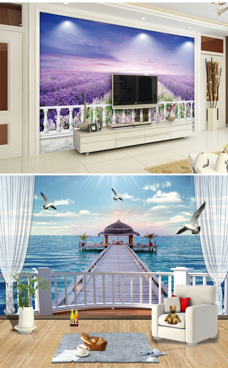 自粘风景壁画3d立体墙贴墙纸pvc贴纸客厅卧室温馨背景墙装饰 海景木屋
