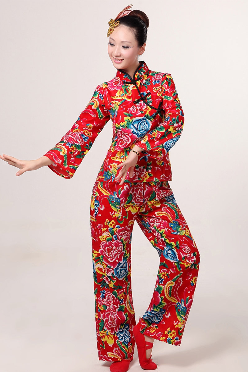 东北大秧歌服装演出服扇子舞腰鼓舞蹈大花布衣服女民族风套装老年人扭