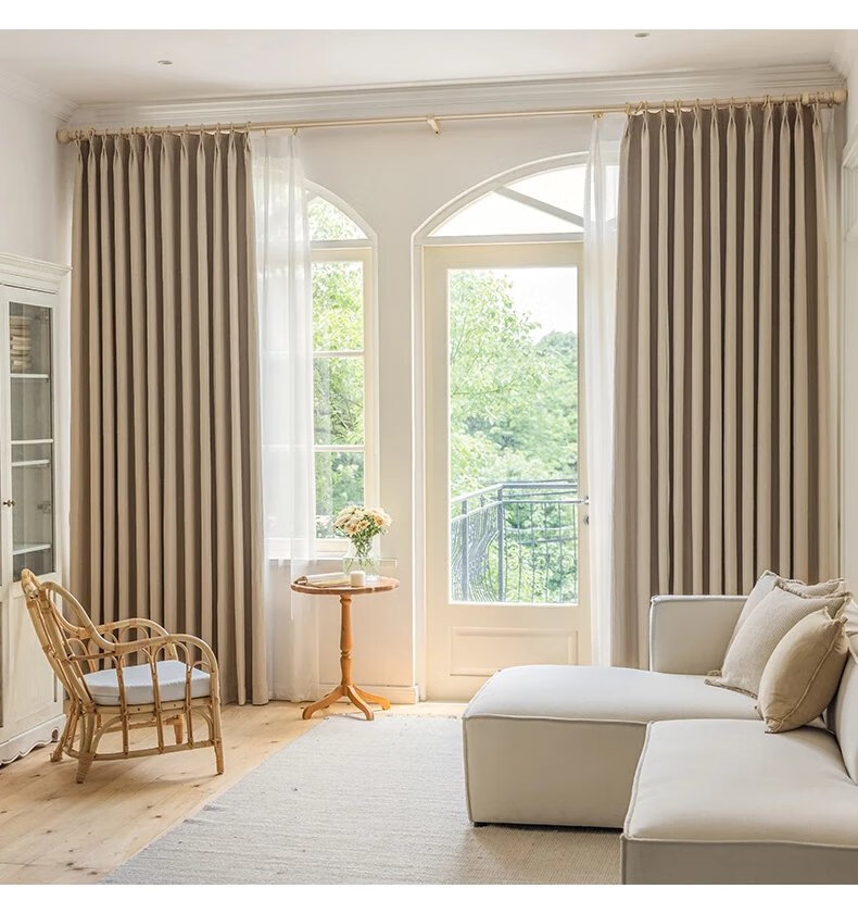 涤纶混纺窗帘 网红绉布奶茶色日式风侘寂原木风客厅卧室飘窗遮光窗帘