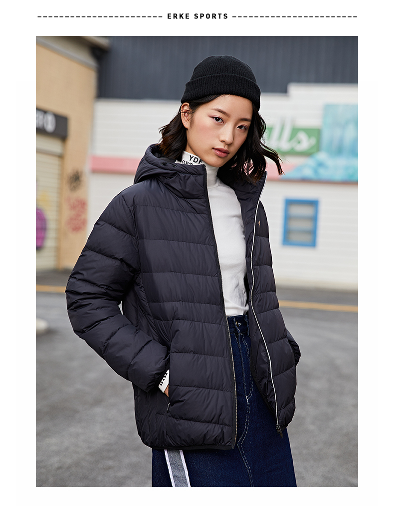 鸿星尔克官方旗舰新款女士保暖户外休闲羽绒服连帽休闲上衣外套女鲑鱼