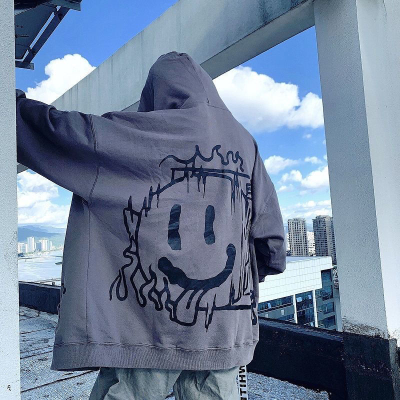 美特黑斯色联名商场同款风潮牌笑脸涂鸦外套女情侣高街嘻哈开衫连帽