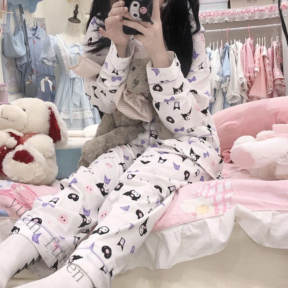 日系可爱卡通睡衣女秋冬娃娃领印花甜美ins软妹长袖春