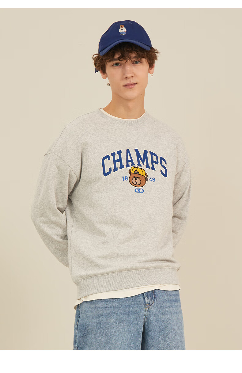 whoau小熊卫衣女春秋新款情侣宽松纯棉印花休闲上衣b87c60浅灰色xs