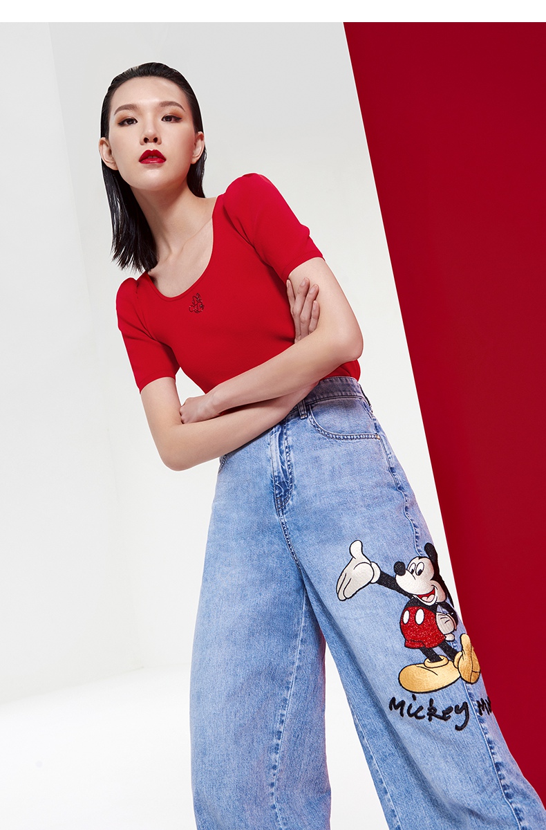 five plus2021新款女装迪士尼联名米妮泡泡袖针织衫女短款上衣 灰绿59