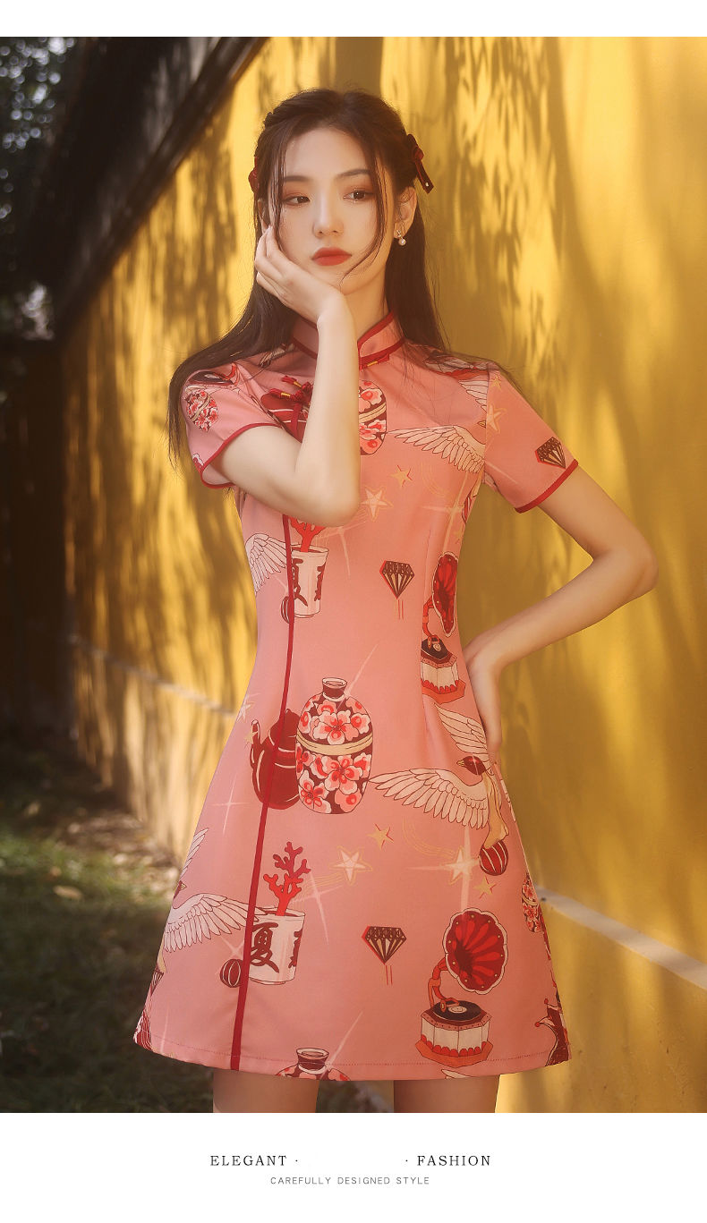 彩木夏改良旗袍2021年新款女夏季年轻款少女日常可穿大花连衣裙国潮短