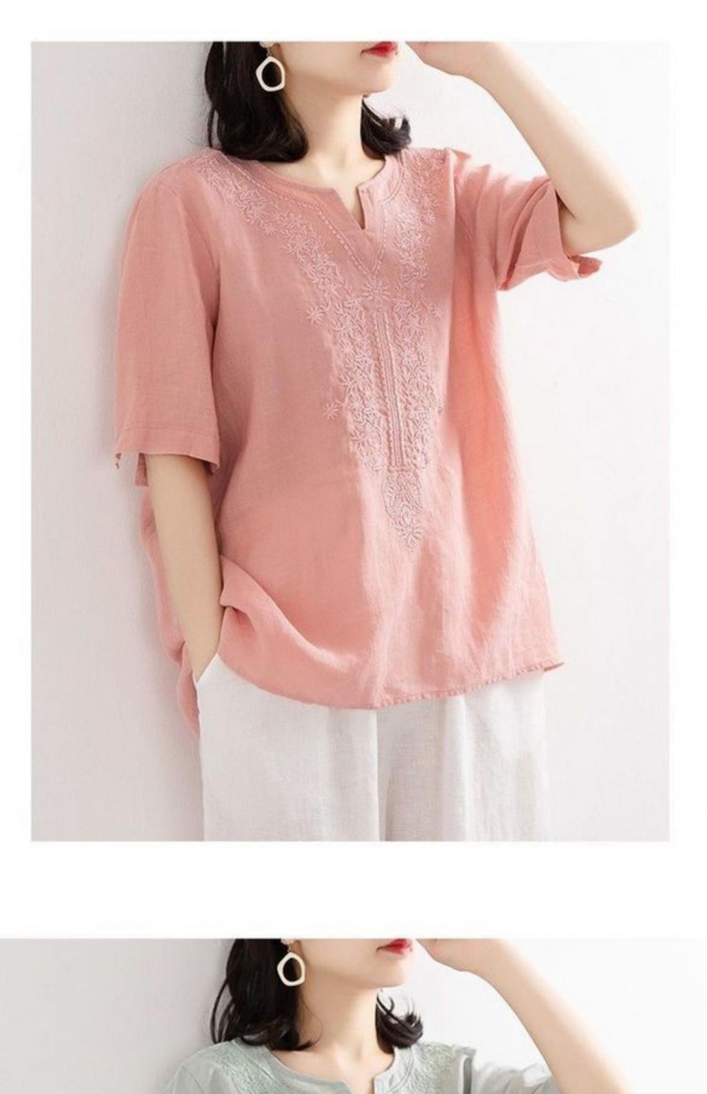 larrenfitty轻奢女装品牌纯色棉麻短袖t恤女刺绣花新款宽松套头上衣v