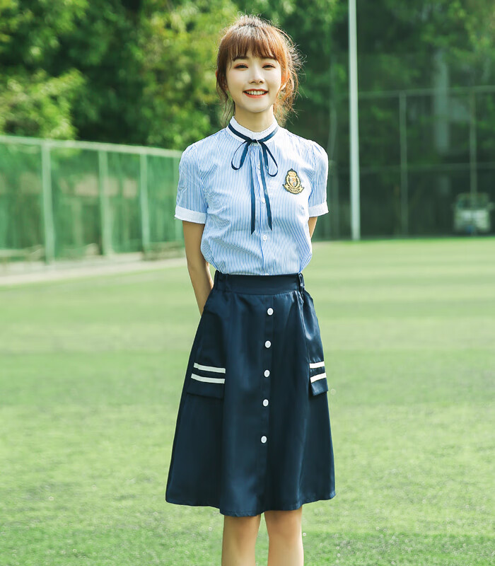 初中高中大学毕业合唱运动会jk制服衬衫蓝条纹短袖版夏季六年级初中
