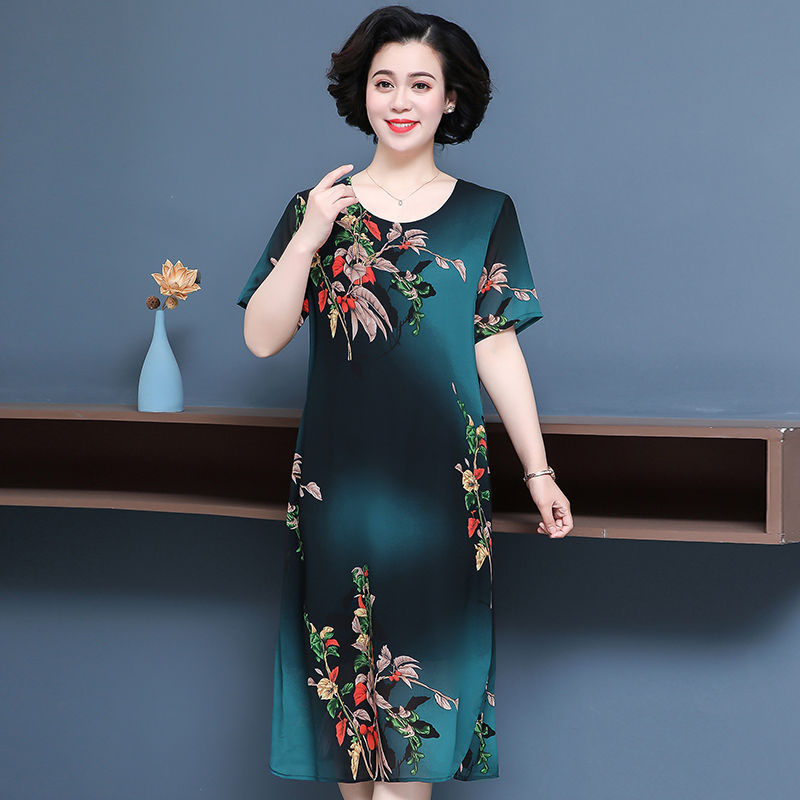 春夏过膝冰丝连衣裙大码气质阔太宽松中老年妈妈装中长款a字裙女 蓝