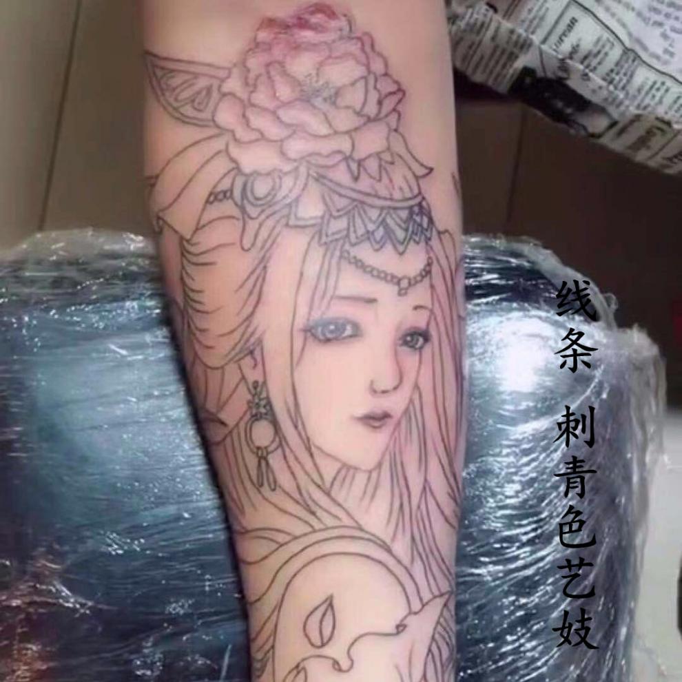 割线虞姬线条刺青色艺花臂纹身贴貂蝉滴泪艺伎纹身防水逼真十张