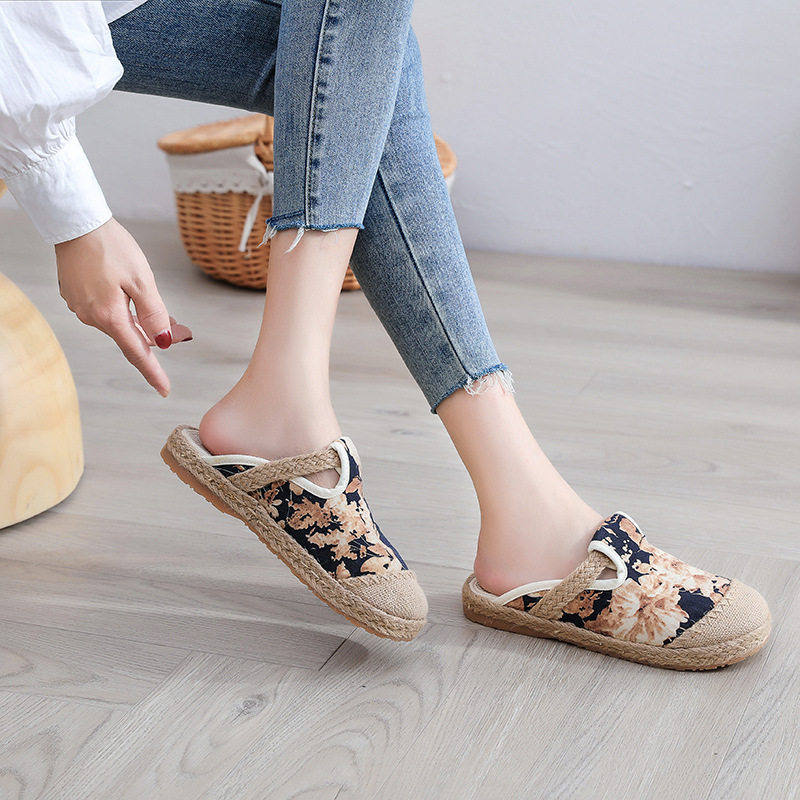 夏天穿的棉麻拖鞋女新款老北京布拖鞋花布牛筋底复古民族风包头女士拖