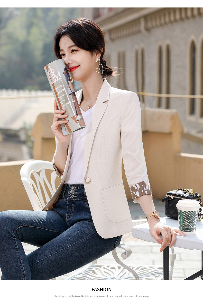 秦菲 杏色小西装外套女2021春夏新款韩版休闲短款七分袖薄款西服女