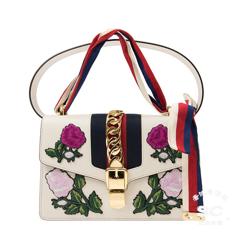 【情人节】【年货节】gucci 古驰女包牛皮 白色刺绣花朵单肩包/斜挎包