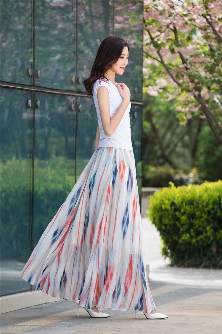 gyeih花色雪纺半身长裙春夏2021新款飘逸大摆仙女裙长款及踝度假沙滩