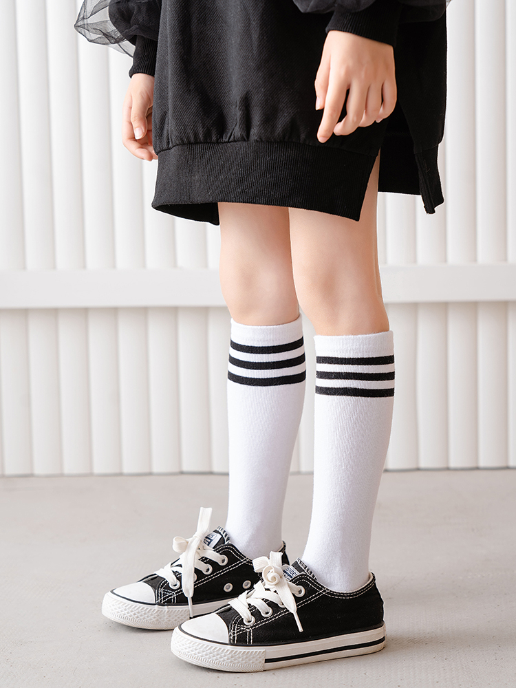 适合3-15岁小孩子穿的长袜子潮条纹儿童运动袜中长筒学生袜男高筒袜