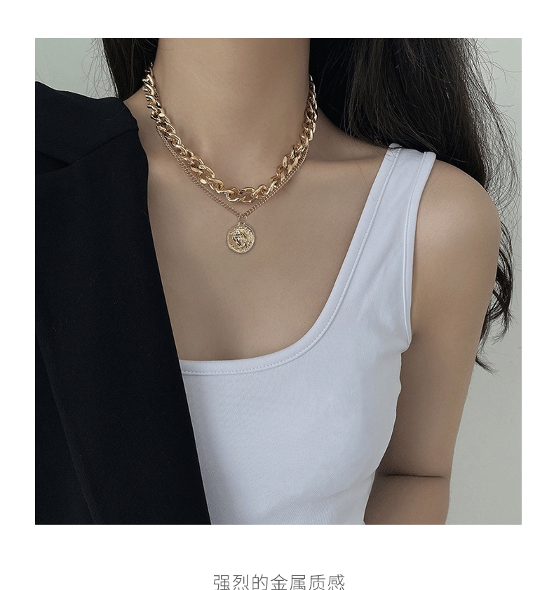 叠戴项链女潮网红冷淡风复古锁骨链嘻哈脖颈链配饰品金色双层头像项链