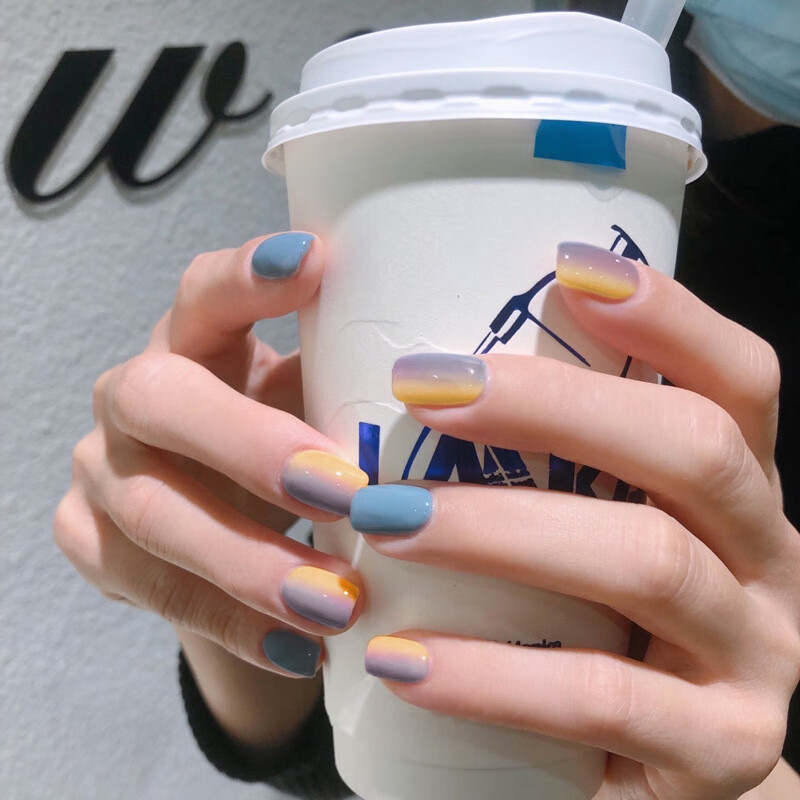 24片指甲贴片蓝绿色撞色美甲成品磨砂方头持久冷淡风可拆卸假指甲潮ae