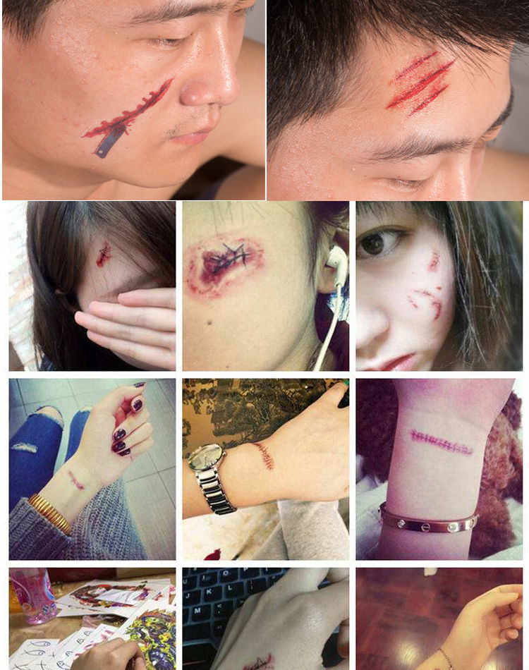 假伤口化妆道具恐怖仿真纹身贴万圣节3d逼真流血假伤口伤疤咬痕抓痕