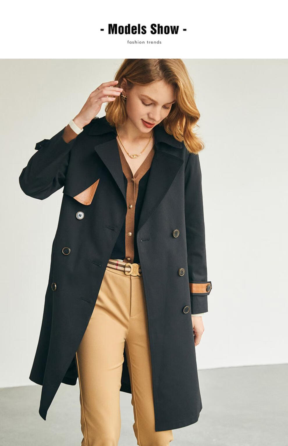 法曼萱黑色风衣设计感2022新款气质时尚休闲收腰中长款外套女黑色160