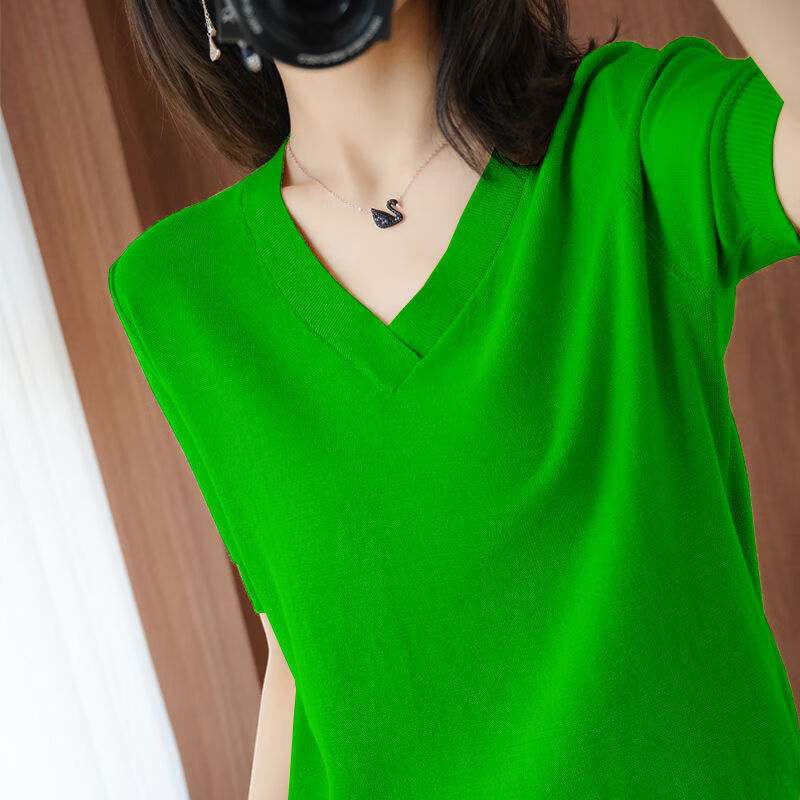 冰丝针织短袖女2022新款v领纯色t恤宽松外穿薄款半袖上衣绿色xl建议