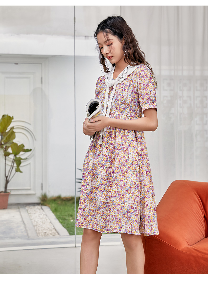 阿依莲碎花连衣裙女减龄高腰娃娃裙编织可拆小披肩碎花裙2021夏季新款