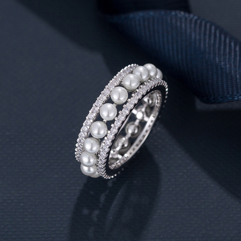 baofanchi 宝梵驰轻奢双圈圆环珍珠戒指 时尚气质轻奢风女食指戒 双圈