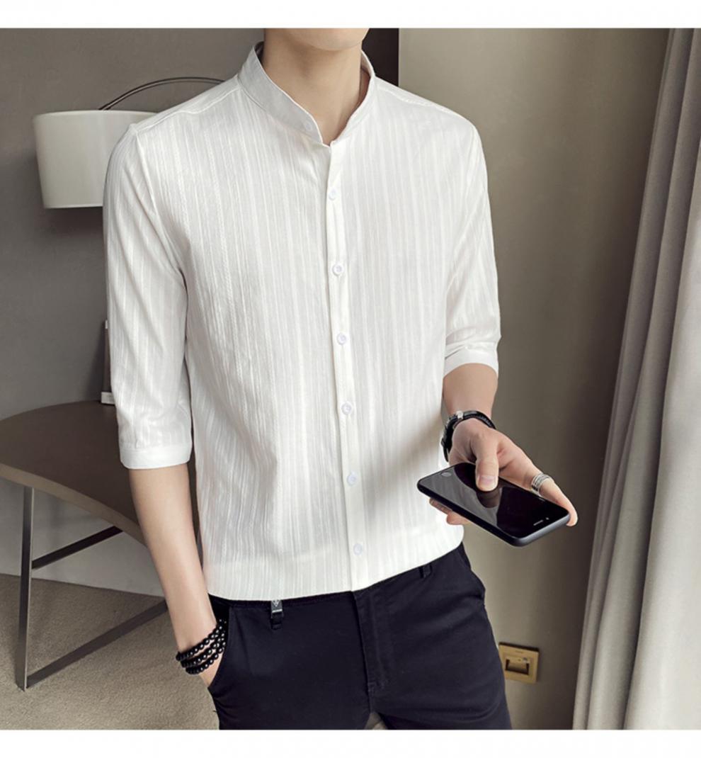 公子白衬衫男韩版修身七分短袖夏季薄款衬衫潮流帅气中袖立领衬衣男