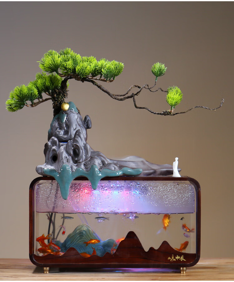 创意桌面鱼缸流水摆件轻奢客厅办公室循环水养鱼陶瓷假山开业礼品