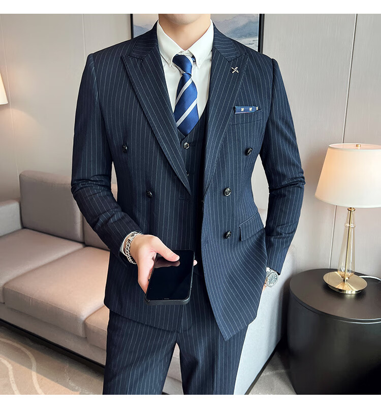 罗蒙romon西装男休闲西装藏青色条纹西装套装男三件套修身双排扣西服