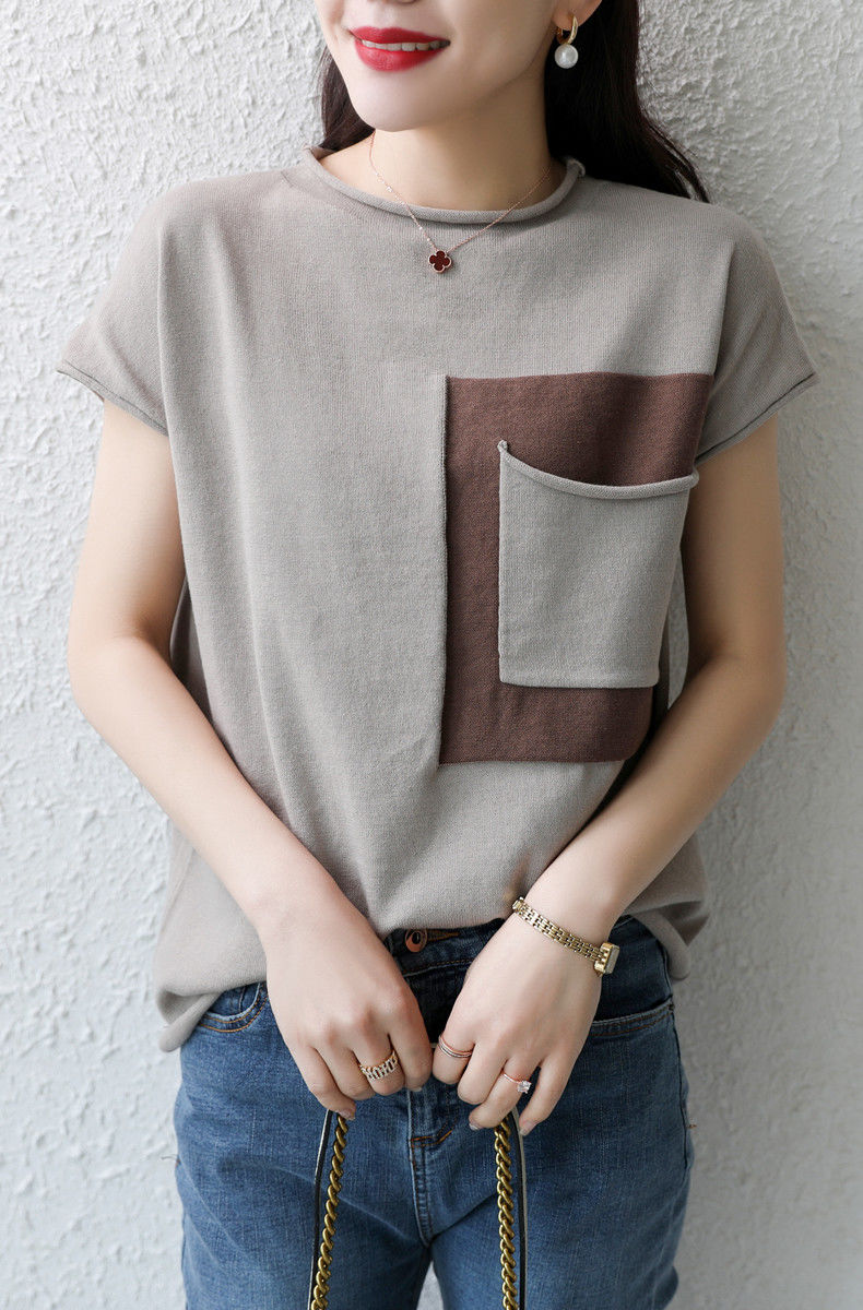 女装针织短袖女夏季亚麻棉质半高领t恤衫拼接兜宽松韩版棉麻上衣红色
