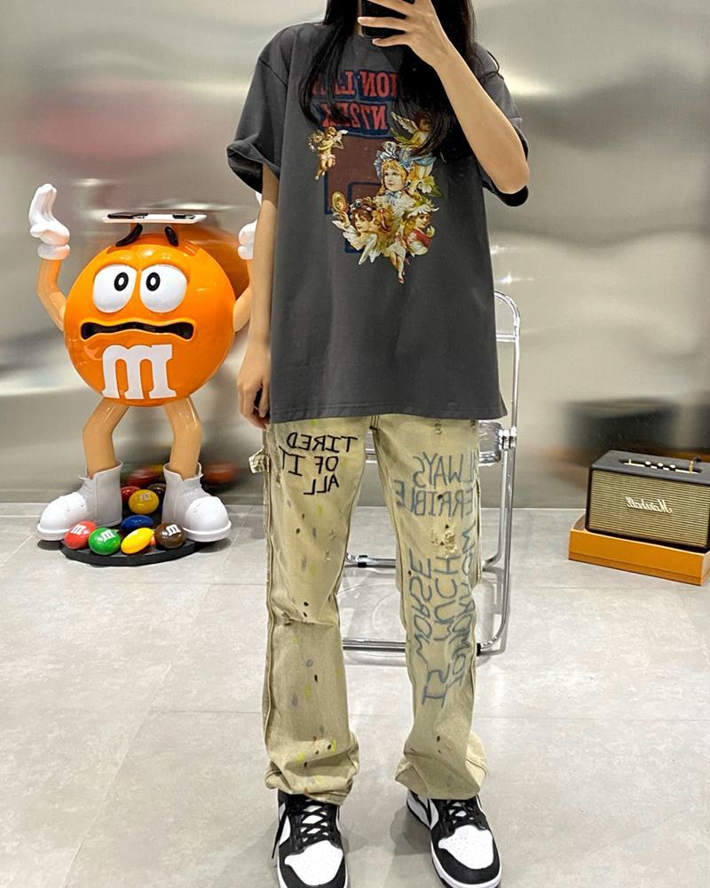 欧美式辣妹风卡其色泼墨牛仔裤子女春秋高街头hiphop炸街直筒长裤