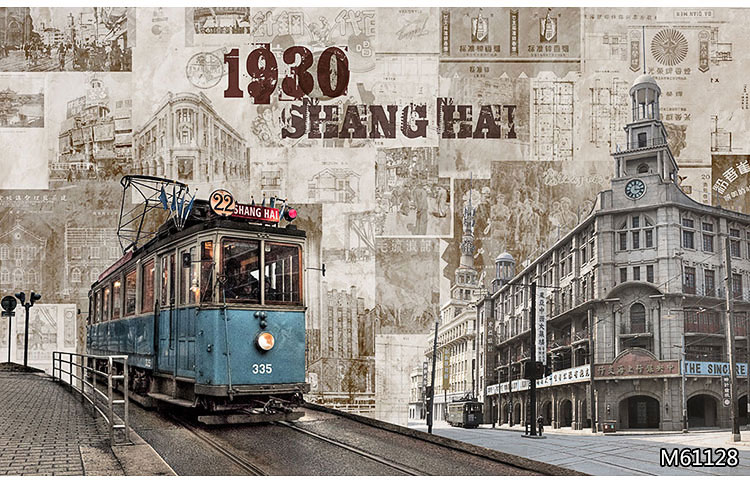 多美莱无缝墙布复古老上海民国风壁纸3d黑白街景墙纸怀旧火锅店餐厅