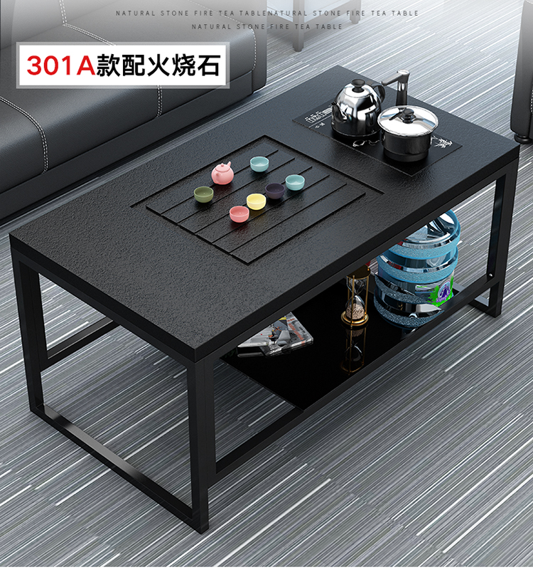骏御 火烧石功夫茶桌简约现代创意办公茶台钢化玻璃大理石茶几带电磁炉 301A款1.3米+自动茶炉  130x70x55cm