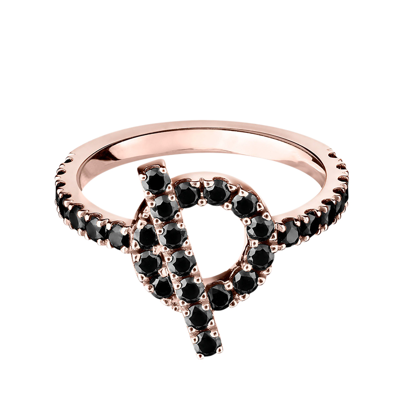 hermes/爱马仕 经典finesse系列 18k金玫瑰金镶嵌黑色尖晶石戒指指环