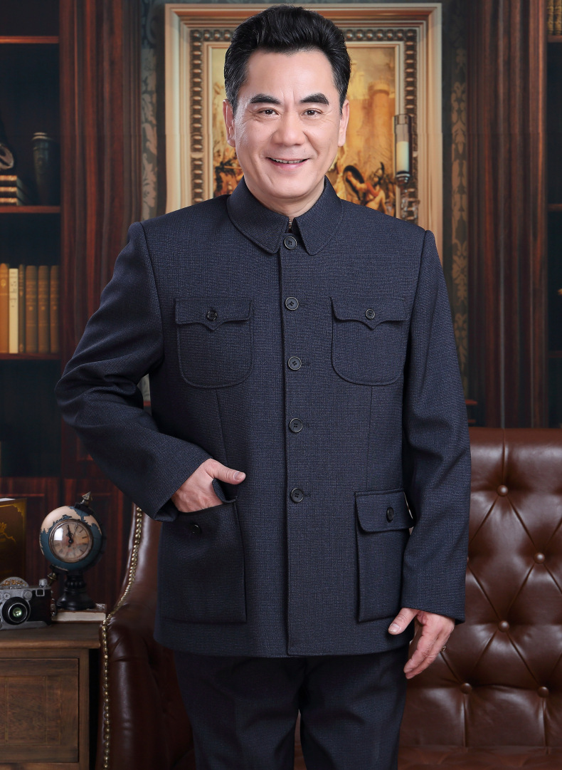 皮尔卡丹品牌中老年男士中山装套装秋冬爸爸套装中山服老年人爷爷外套