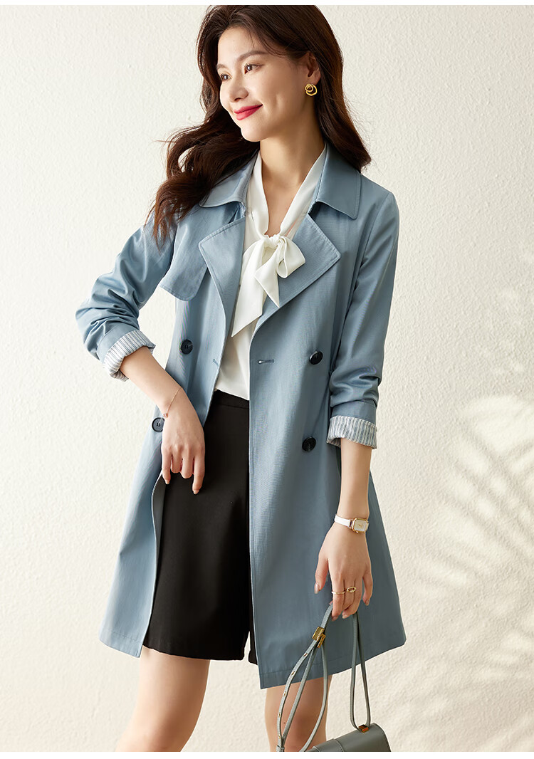 高端品牌显瘦中长款简约气质时尚收腰英伦风大衣新品女装潮烟灰蓝m