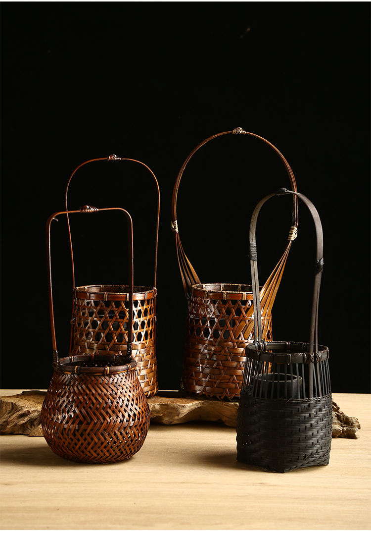 园艺以琛手工仿古竹编包竹篮子茶篮杂物篮装饰摆设花器花插竹制品摆件