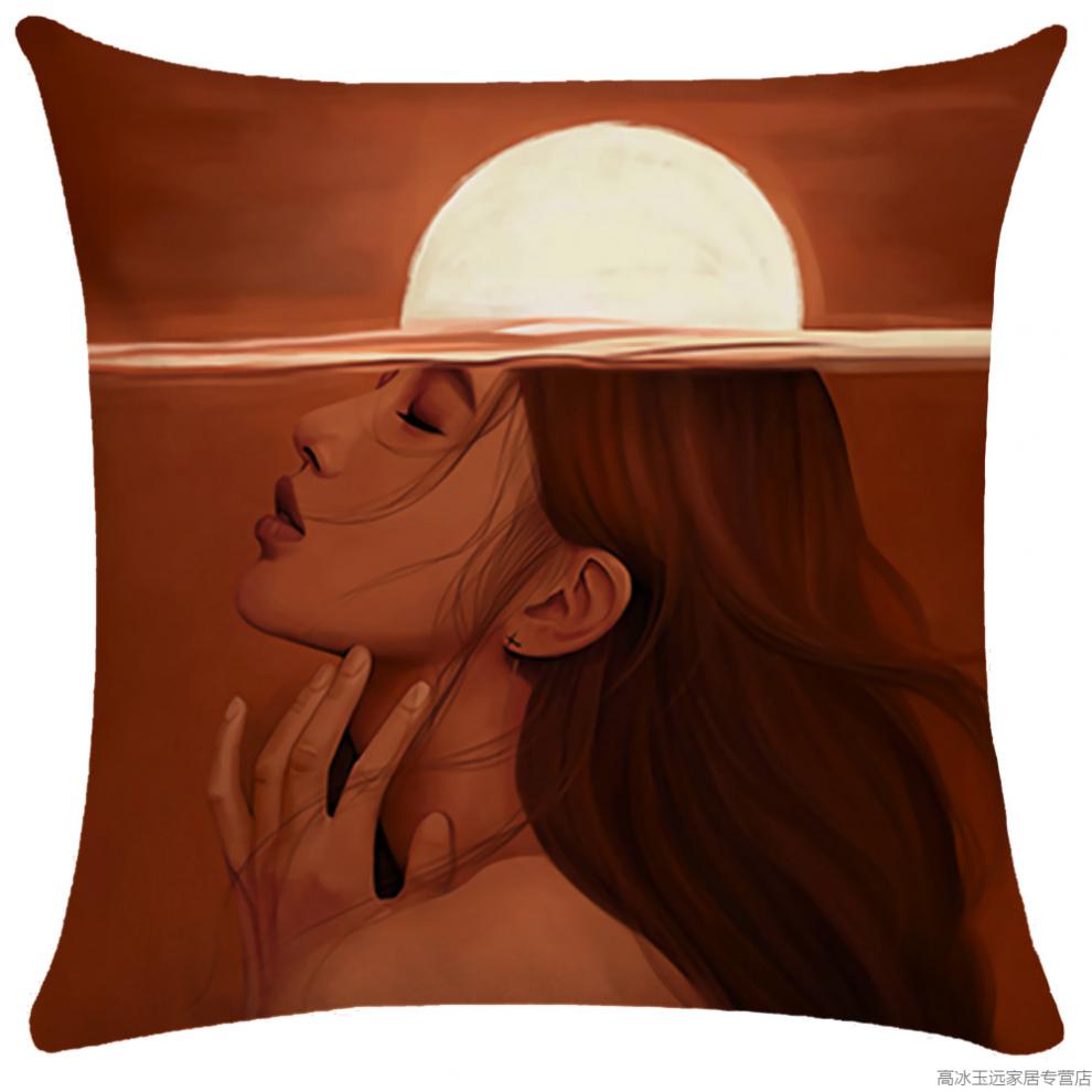 美女抱枕欧式现代轻奢艺术橙色沙发抱枕靠垫套 成熟美女人物橘色靠枕
