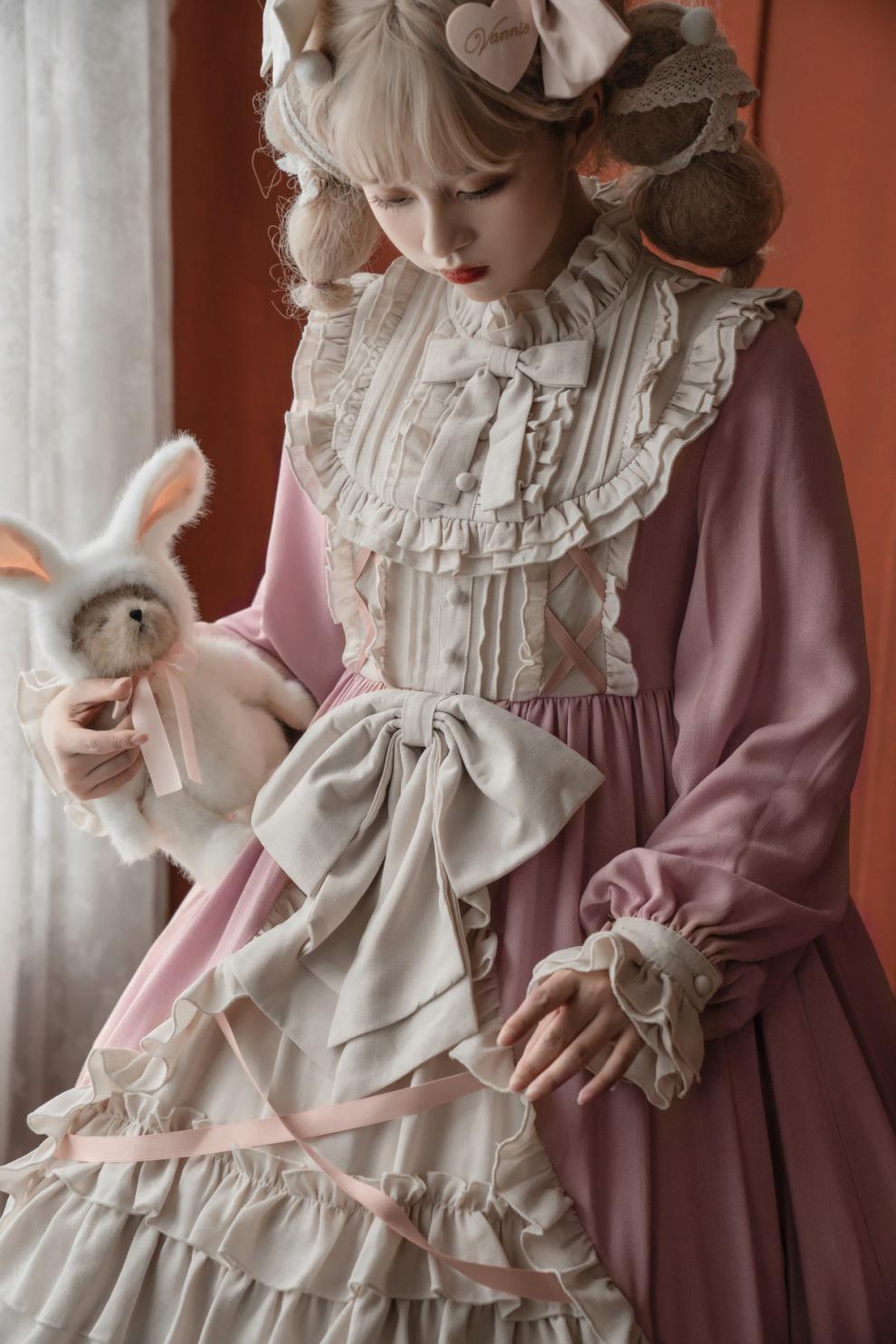 原创天鹅之幕lolita优雅cla系长袖op连衣裙纯色复古洛丽塔秋冬绀色