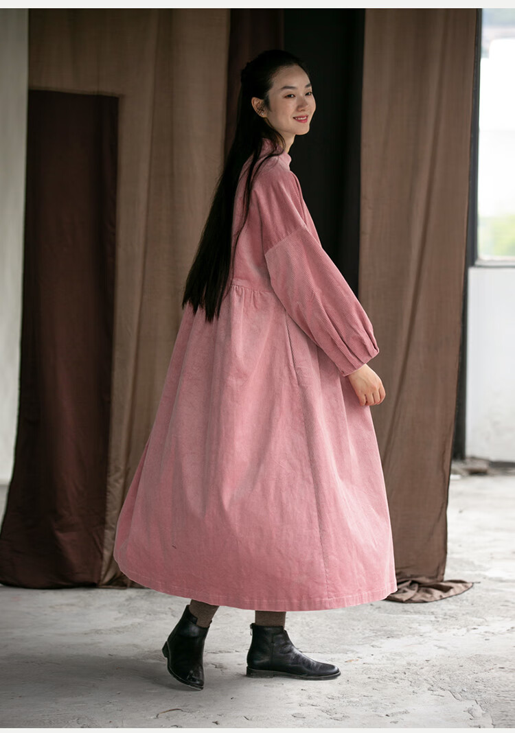 牧衣女装文艺复古秋冬褶皱连衣裙棉质灯芯绒立领袍子女 焦糖色 s
