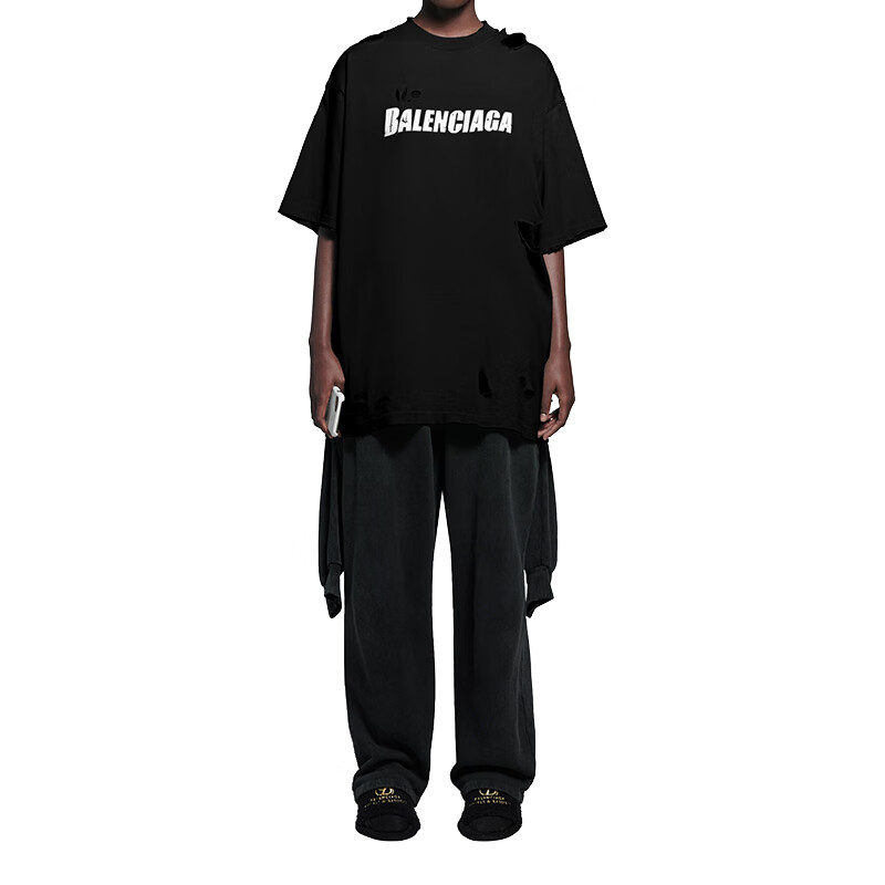 balenciaga巴黎世家2021年新款男士破坏黑色复古t恤黑色系xxs